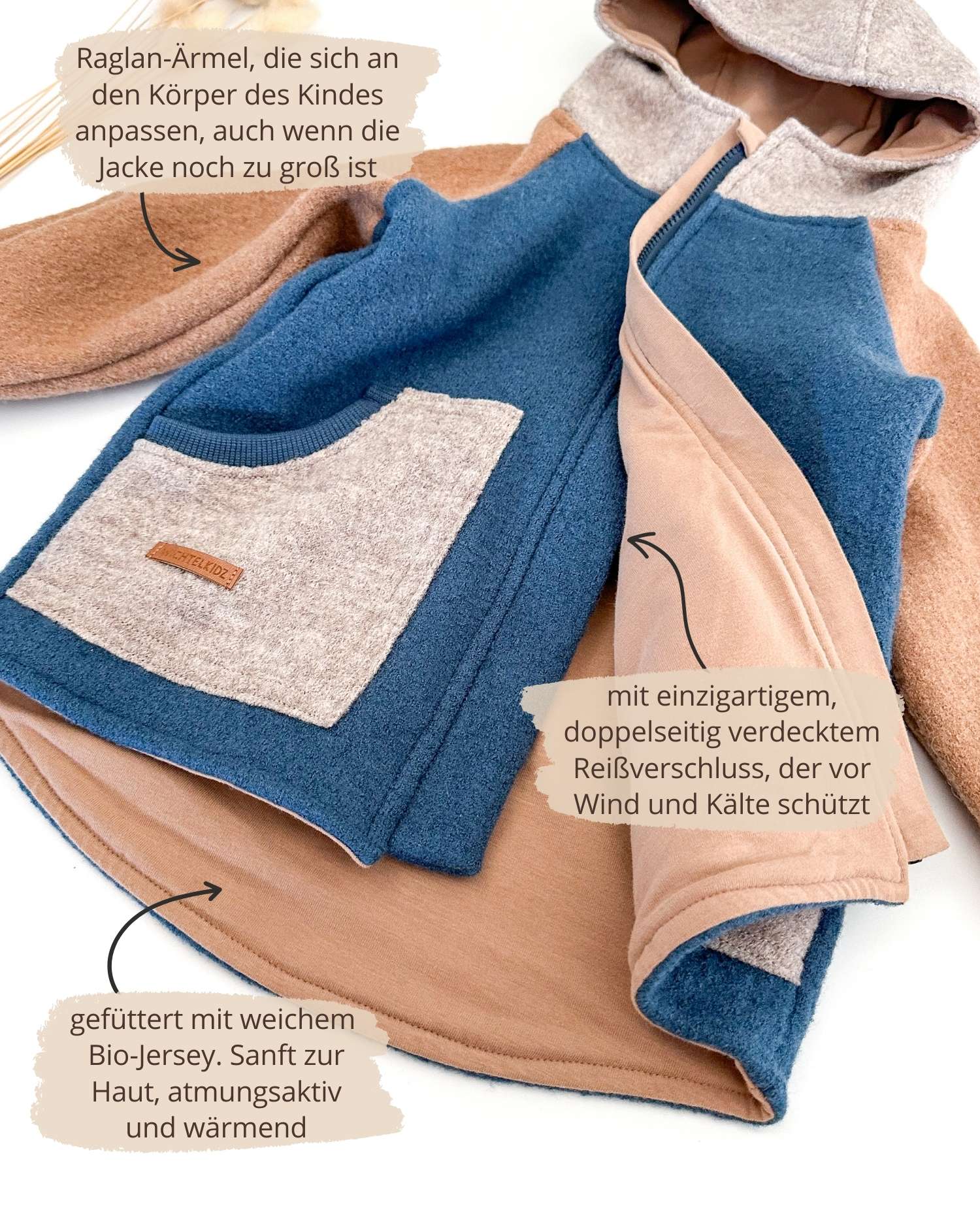 Colourblock Kinder Wollwalk Jacke mit Reißverschluss und Taschen